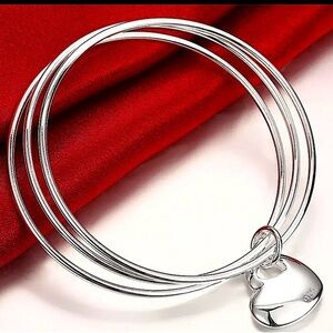 Sterling Silver Stackable Minimalist Heart Charm Three Piece Bangle Brac…